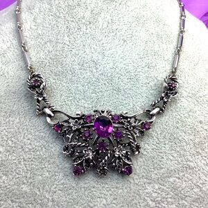 Vintage Coro Signed Amethyst Rhinestones Silver Necklace